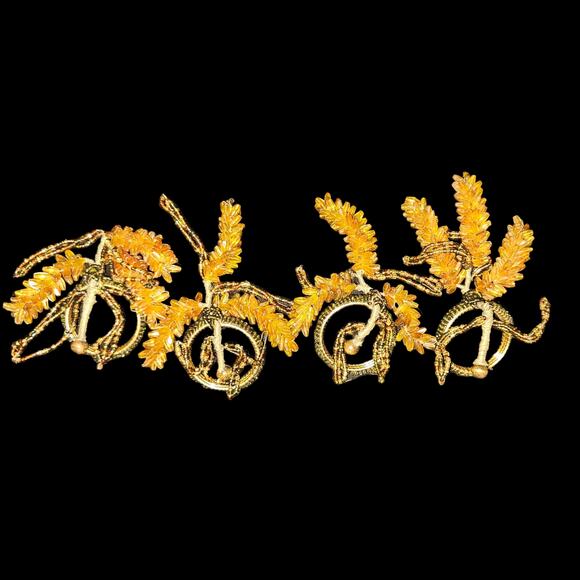 Set of 4 Handmade Beaded Napkin Rings Amber Orange Glass Beads Vintage Boho Deco - Picture 1 of 3